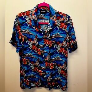 The Kooples Paris Camp Shirt Men Medium blue Palm Frond AOP Short‎ Sleeve $235